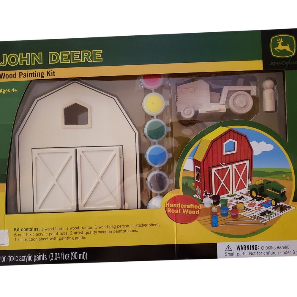 New John Deere Wood Painting Kit Barn & Tractor  Farmer Stickers Paintbrushes